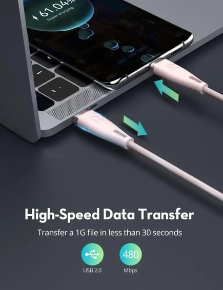 راف باور - كيبل USB-C to USB-C 1.2m 60w - وردي