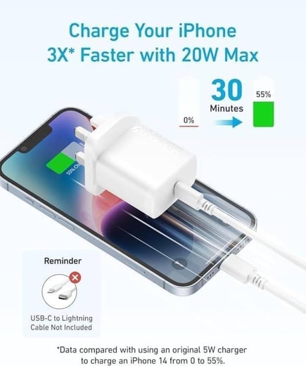 انكر - شاحن جداري بمنفذ USB-C بقوة 20W مع كيبل USB-C to C - ابيض