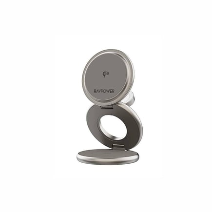راف باور - منصة شحن Premium  3in1 قابلة للطي والدوران 360 درجة لشحن الجوال وساعة ابل وسماعة بقوة 15W تدعم الماق سيف - تيتانيوم رمادي