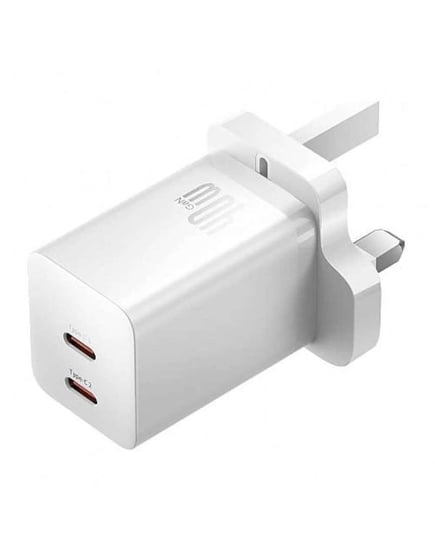 بيسوس - شاحن جداري GaN5 Pro بمنفذين USB-C بقوة 40W - ابيض