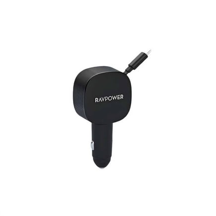 راف باور - شاحن سيارة بقوة 75W بمنفذ USB-C ومنفذ USB-A مع كيبل مدمج USB-C قابل للسحب - اسود