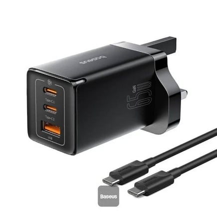 بيسوس - شاحن جداري GaN5 Pro  بقوة 65W بمنفذين USB-C ومنفذ USB-A وكيبل USB-C to C - اسود