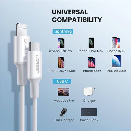 يوجرين - كيبل UGREEN USB-C to lightning PD بطول 2م - ابيض