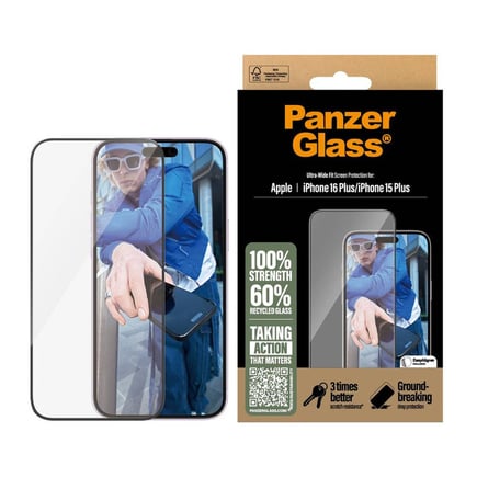 بانزر جلاس - ستيكر حماية ULTRA-WIDE FIT للايفون 16Plus/15Plus - شفاف