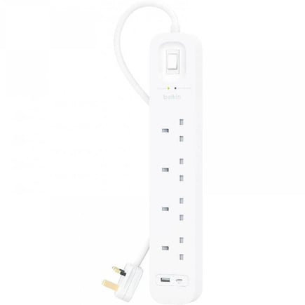 بيلكن - توصيلة ب 4 منافذ طاقة مع منفذ PD بقوة 18 واط ومنفذ USB-A - ابيض