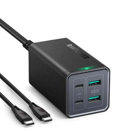 راف باور - منصة شحن مكتبية بقوة PD 120W بمنفذين USB-C ومنفذين USB-A - اسود