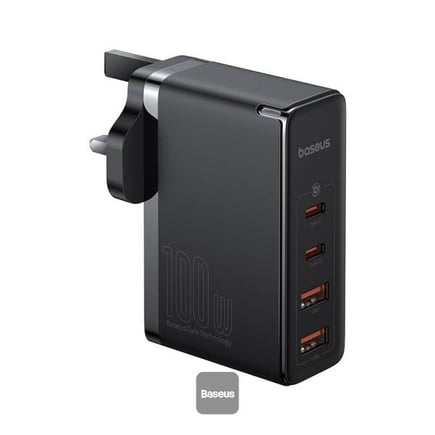 بيسوس - شاحن جداري GaN5 Pro بمنفذين USB-C ومنفذين USB-A بقوة 100W مع كيبل USB-C to C - اسود