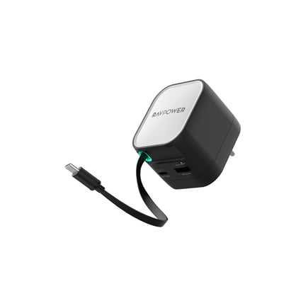 راف باور - شاحن جداري 2in1 قابل للطي بقوة PD 65W بمنفذ USB-C ومنفذ USB-A وكيبل مدمج USB-C قابل للسحب - اسود