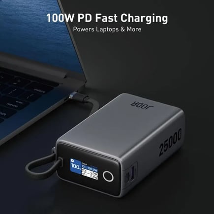 جودا - بطارية NEON 25 بسعة 25000mAh وقوة PD 100W بمنفذ USB-C ومنفذ USB-A مع سلك USB-C مدمج - رمادي