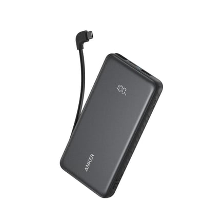 انكر - بطارية Zolo بسعة 10,000mAh بمنفذ USB-C ومنفذ USB-A مع كيبل USB-C مدمج - اسود