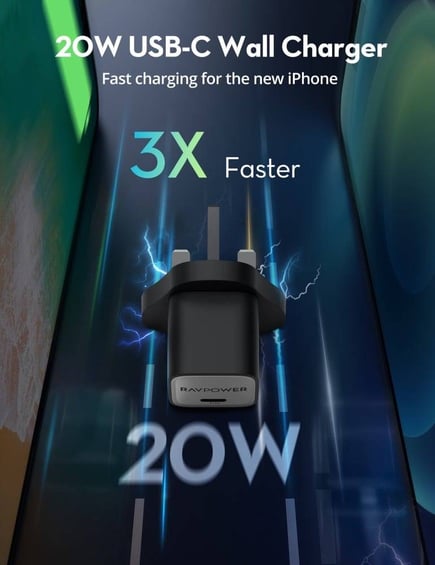 راف باور - شاحن جداري PD صغير الحجم بمنفذ USB-C بقوة 20W - اسود