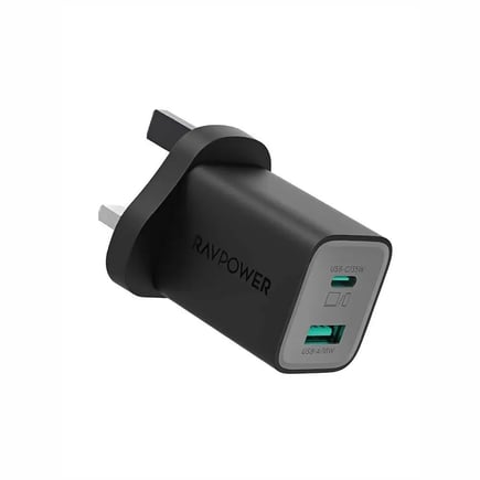 راف باور - شاحن جداري بتقنية GaN 5.0 بمنفذ USB-C ومنفذ USB-A بقوة PD 35W - اسود