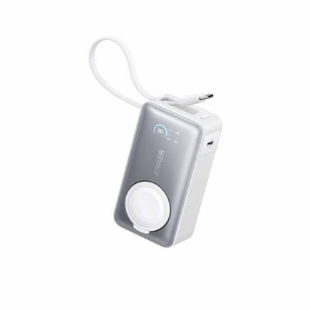 انكر - بطارية MagGo بسعة 10,000mAh بقوة 35W تدعم شحن ساعة ابل مع كيبل مدمج Type-C ومنفذ USB-C - ابيض