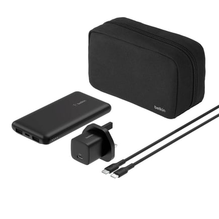 بيلكن - حقيبة السفر Power Bundle بطارية بسعة 10,000mAh وشاحن جداري بمنفذ USB-C بقوة 25W وكيبل USB-C to USB-C بطول 1م - اسود