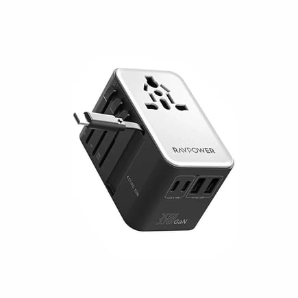 راف باور - شاحن جداري عالمي 6in1 بقوة PD 35W بمنفذين USB-C ومنفذين USB-A منفذ AC وكيبل USB-C مدمج - اسود