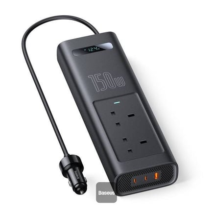 بيسوس - توصيلة سيارة Power Inverter 150W عبر منفذ الولاعة يحتوي على 5 منافذ (1USB-A, 2 USB-C, 2 AC Outlets) - اسود 