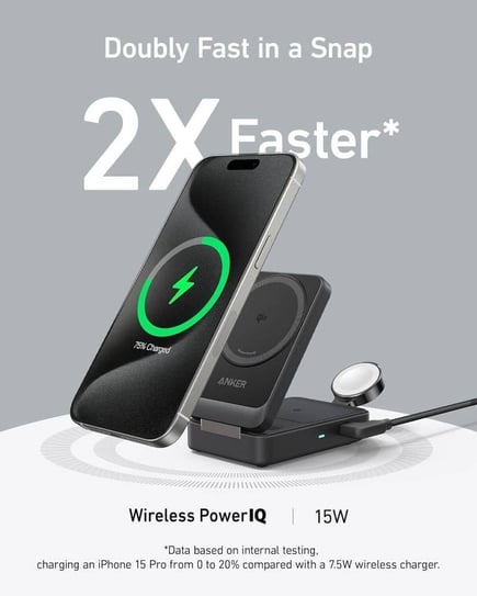 انكر - منصة شحن MagGo 3in1 قابلة لطي لشحن الجوال وسماعة وساعة ابل مع شاحن جداري بمنفذ USB-C بقوة 40واط وكيبل USB-C to C- اسود