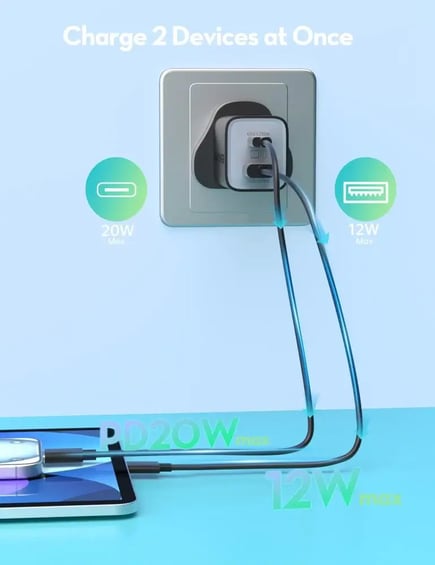 راف باور - شاحن جداري بتقنية GaN 5.0 بمنفذ USB-C ومنفذ USB-A بقوة PD 35W - اسود