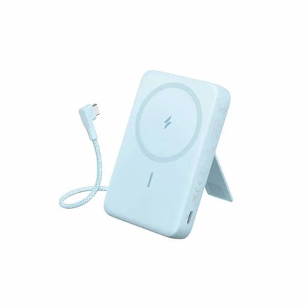 انكر - بطارية Anker بسعة 10000mAh مع كيبل مدمج USB-C بقوة شحن 30W وشحن لاسلكي7.5W تدعم الماق سيف - ازرق