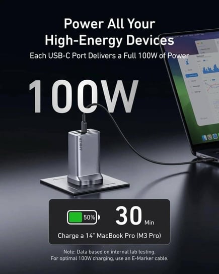 انكر - شاحن جداري Prime بقوة 100 واط ب منفذين USB-C ومنفذ USB-A - اسود