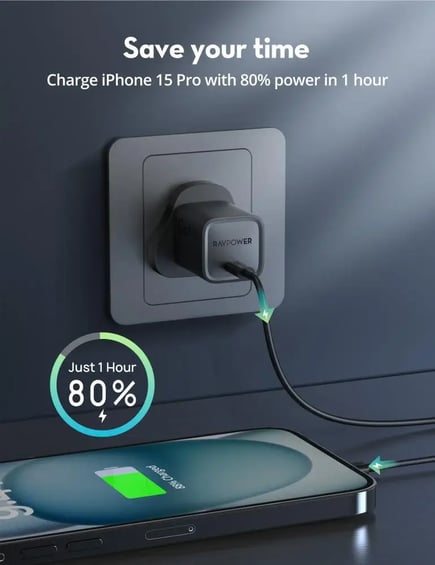 راف باور - شاحن جداري PD30W GaN بمنفذ USB-C - اسود