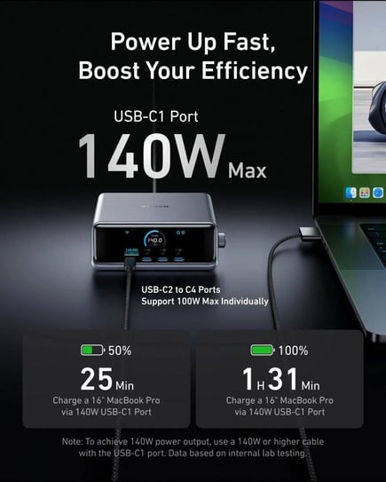 انكر - منصة شحن Prime 250W GaN ب 4 منافذ USB-C ومنفذين USB-A مع شاشة عرض وتحكم - اسود