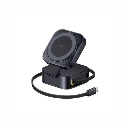 بيسوس - منصة شحن PicoGo 2in1 ماق سيف لشحن الجوال بقوة 15W مع كيبل USB-C مدمج قابل للسحب بقوة 67W - اسود
