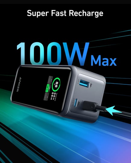 انكر - بطارية Anker Prime بسعة 20,000mAh بقوة 200W بمنفذين USB-C ومنفذ USB-A - اسود