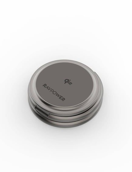 راف باور - منصة شحن Premium  3in1 قابلة للطي والدوران 360 درجة لشحن الجوال وساعة ابل وسماعة بقوة 15W تدعم الماق سيف - تيتانيوم رمادي
