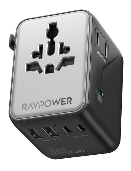 راف باور - شاحن جداري عالمي 7in1 بقوة 65W ب 3 منافذ USB-C ومنفذين USB-A - اسود