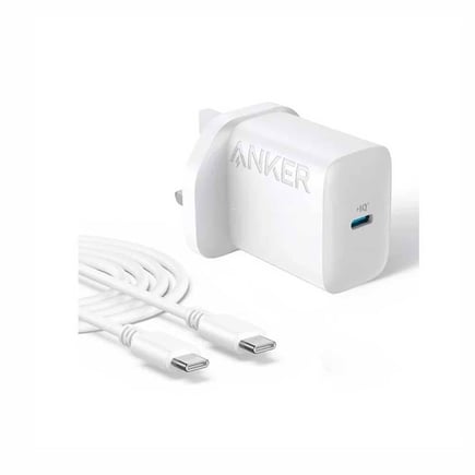 انكر - شاحن جداري بمنفذ USB-C بقوة 20W مع كيبل USB-C to C - ابيض