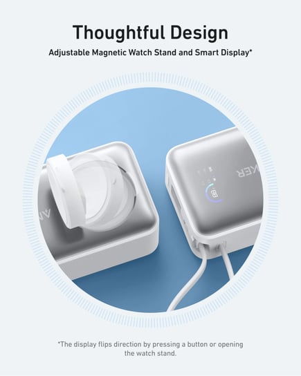 انكر - بطارية MagGo بسعة 10,000mAh بقوة 35W تدعم شحن ساعة ابل مع كيبل مدمج Type-C ومنفذ USB-C - ابيض
