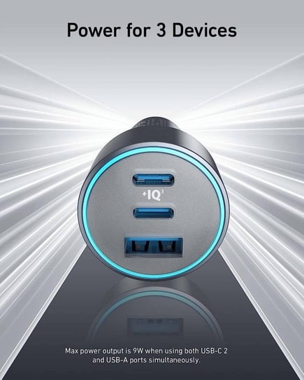 انكر - شاحن سيارة Anker 336 بقوة 67W ومنفذين USB-C ومنفذ USB-A - رمادي