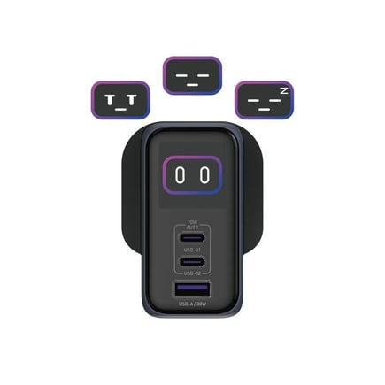 جودا - شاحن جداري VoltLux بمنفذين USB-C ومنفذ USB-A بقوة 70W مع كيبل USB-C to C - رمادي