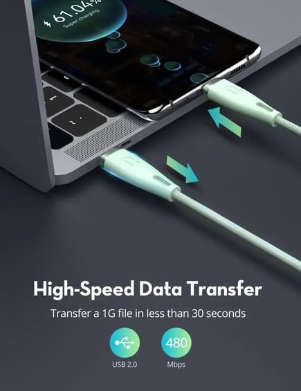 راف باور - كيبل USB-C to USB-C 1.2m 60w - اخضر