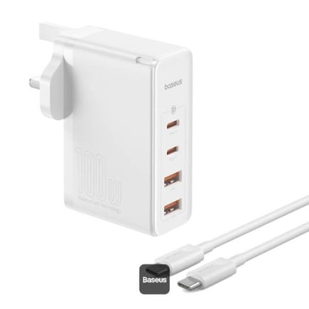 بيسوس - شاحن جداري GaN5 Pro بمنفذين USB-C ومنفذين USB-A بقوة 100W مع كيبل USB-C to C - ابيض