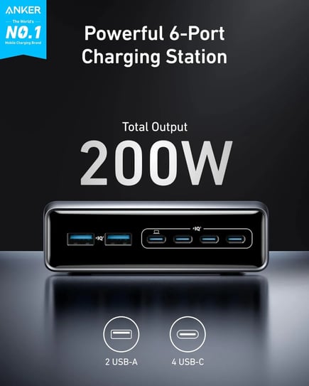 انكر - منصة شحن Anker Prime بقوة 200 واط ب 4 منافذ USB-C ومنفذين USB-A - اسود