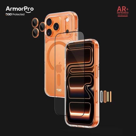 ارمور برو - بكج الحماية ArmorPro D3O 3-in-1 لحماية أجهزة ايفون 17Pro Max يدعم الماق سيف - شفاف/برتقالي