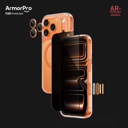 ارمور برو - بكج الحماية ArmorPro D3O 3-in-1 لحماية أجهزة ايفون 17Pro Max يدعم الماق سيف - برايفسي/برتقالي