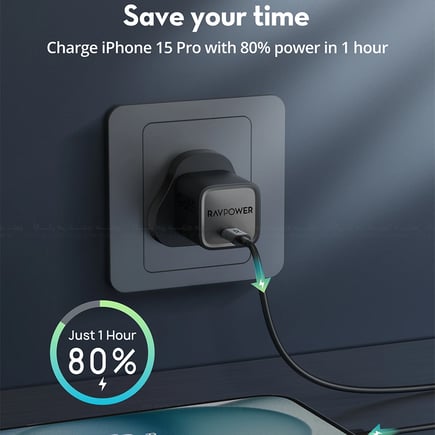 راف باور - بكج 2in1 Combo شاحن جداري USB-C PD20W مع كيبل USB-C to USB-C 1m - اسود