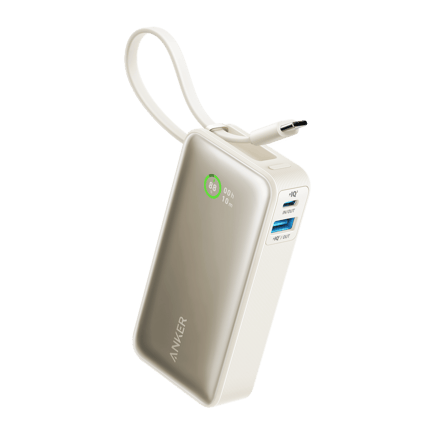 انكر - بطارية Anker Nano بسعة 10,000mAh وقوة 30W بمنفذ USB-C ومنفذ USB-A مع كيبل USB-C مدمج - ابيض