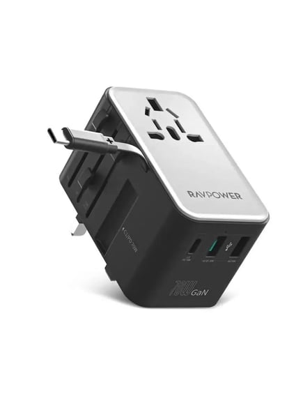 راف باور - شاحن جداري عالمي بقوة PD70W بمنفذين USB-A ومنفذ USB-C مع كيبل مدمج USB-C- اسود