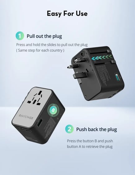 راف باور - شاحن جداري عالمي متعدد المداخل بقوة 100 واط بثلاث منافذ USB-C ومنفذ USB - اسود