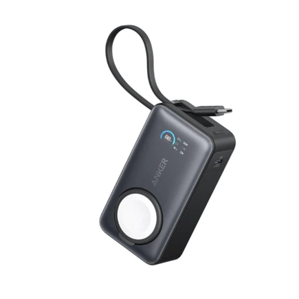 انكر - بطارية MagGo بسعة 10,000mAh بقوة 35W تدعم شحن ساعة ابل مع كيبل مدمج Type-C ومنفذ USB-C - اسود
