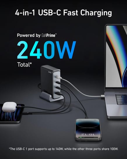 انكر - منصة شحن Anker 749 بقوة 240 واط ب 3 منافذ USB-C ومنفذ USB-A - اسود