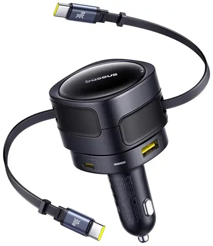 بيسوس - شاحن سيارة Enjoyment Max مع كيبلين USB-C مدمجة و منفذ USB-C و USB-A بقوة 90 واط - اسود