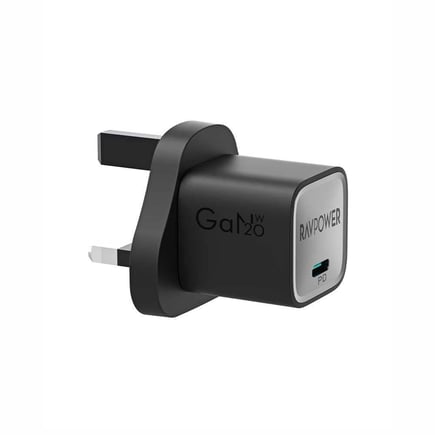 راف باور - شاحن جداري PD صغير الحجم بمنفذ USB-C بقوة 20W - اسود