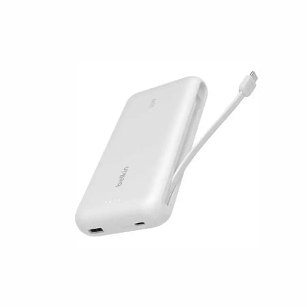 بيلكن - بطارية BoostCharge بسعة 20000mAh وقوة 30W بمنفذ USB-C ومنفذ USB-A مع كيبل مدمج USB-C - ابيض