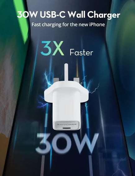 راف باور - شاحن جداري PD30W GaN بمنفذ USB-C - ابيض