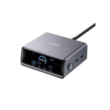 انكر - منصة شحن Prime 250W GaN ب 4 منافذ USB-C ومنفذين USB-A مع شاشة عرض وتحكم - اسود